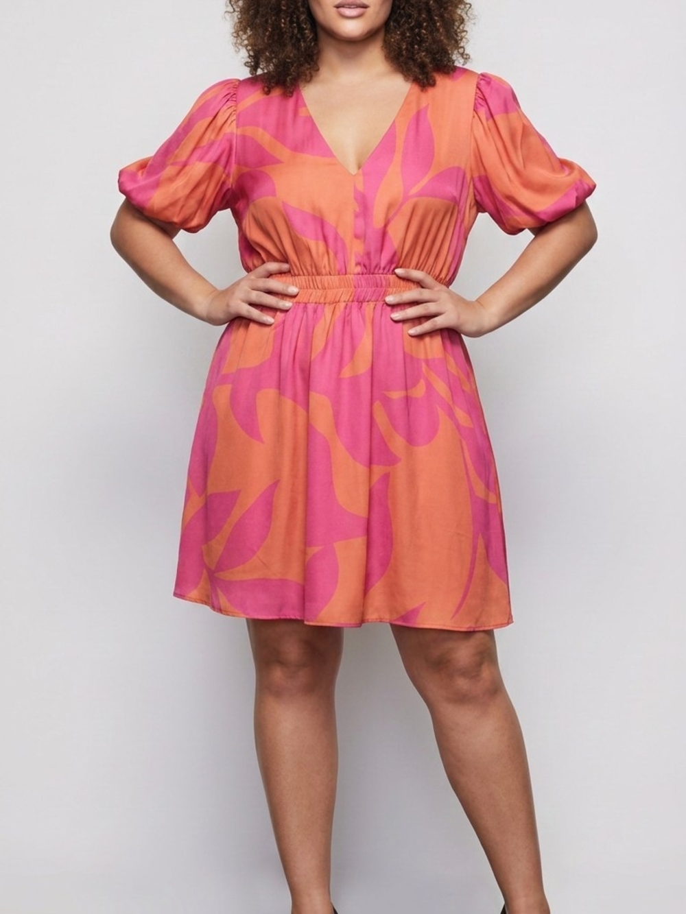BiBi Orange and Pink V-Neck Short Dress